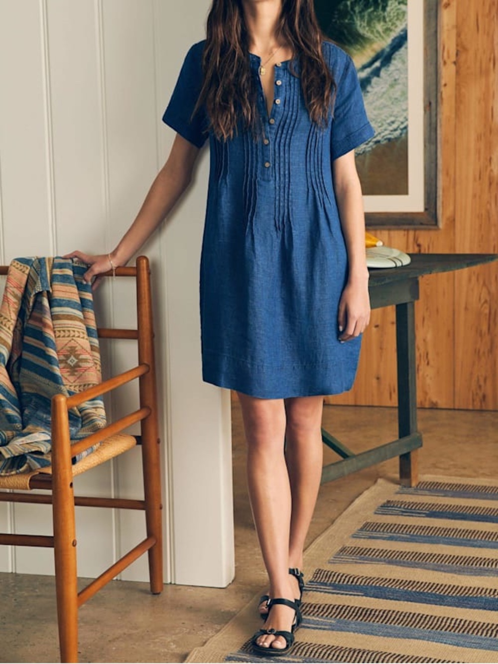 Faherty Linen Gemina Dress Blue Mini Button Size Small S